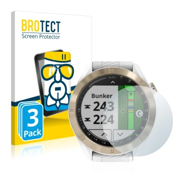 Front side of a product packaging with the brand logo BROTECT. Next to it is the device Garmin Approach S40 shown with the cor