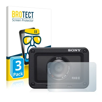 Front side of a product packaging with the brand logo BROTECT. Next to it is the device Sony DSC-RX0M2 (RX0 II) (Lens) shown w