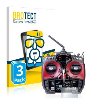 Front side of a product packaging with the brand logo BROTECT. Next to it is the device Graupner mz-24 Pro shown with the corr