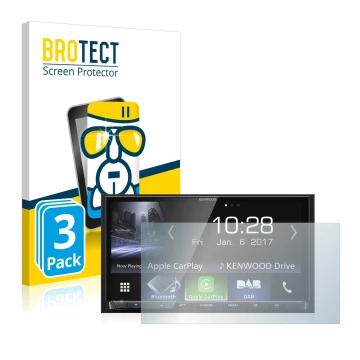 Front side of a product packaging with the brand logo BROTECT. Next to it is the device Kenwood DMX7017DABS shown with the cor
