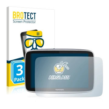 Front side of a product packaging with the brand logo BROTECT. Next to it is the device TomTom GO Premium X shown with the cor