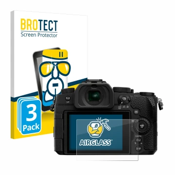 Front side of a product packaging with the brand logo BROTECT. Next to it is the device Panasonic Lumix DC-G91 shown with the 