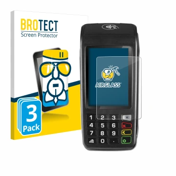 Front side of a product packaging with the brand logo BROTECT. Next to it is the device ingenico Move/5000 shown with the corr