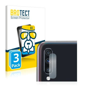 Front side of a product packaging with the brand logo BROTECT. Next to it is the device Samsung Galaxy A70 (ONLY Camera Lens) 