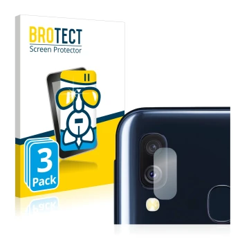 Front side of a product packaging with the brand logo BROTECT. Next to it is the device Samsung Galaxy A40 (ONLY Camera Lens) 