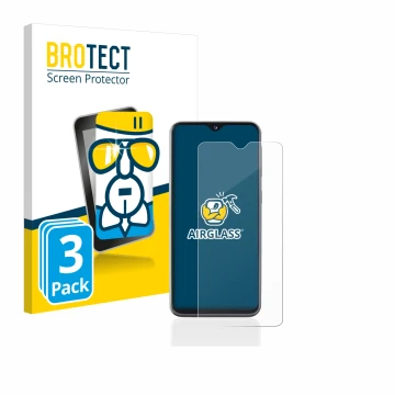 Front side of a product packaging with the brand logo BROTECT. Next to it is the device Samsung Galaxy A20e shown with the cor