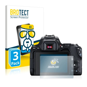 Front side of a product packaging with the brand logo BROTECT. Next to it is the device Canon EOS 250D shown with the correspo