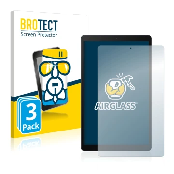 Front side of a product packaging with the brand logo BROTECT. Next to it is the device Samsung Galaxy Tab A 10.1 2019 shown w
