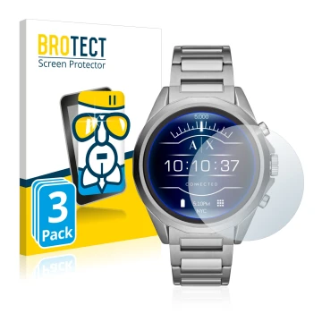 Front side of a product packaging with the brand logo BROTECT. Next to it is the device Emporio Armani Connected Exchange AXT2