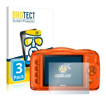 Front side of a product packaging with the brand logo BROTECT. Next to it is the device Nikon Coolpix W150 shown with the corr