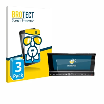 Front side of a product packaging with the brand logo BROTECT. Next to it is the device DS 7 Crossback Infotainmentsystem show