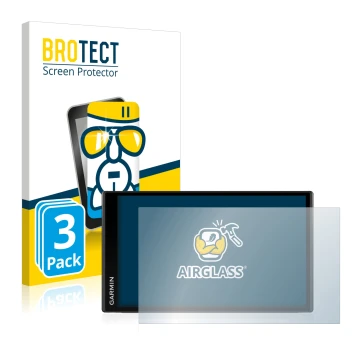 Front side of a product packaging with the brand logo BROTECT. Next to it is the device Garmin Camper 780 shown with the corre