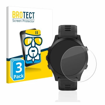 Front side of a product packaging with the brand logo BROTECT. Next to it is the device Garmin Forerunner 945 shown with the c