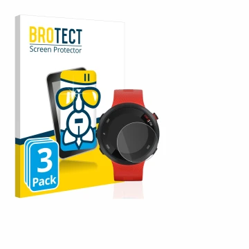 Front side of a product packaging with the brand logo BROTECT. Next to it is the device Garmin Forerunner 45 shown with the co