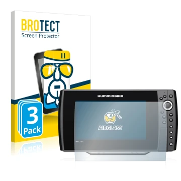 Front side of a product packaging with the brand logo BROTECT. Next to it is the device Humminbird Helix 9 G3N shown with the 