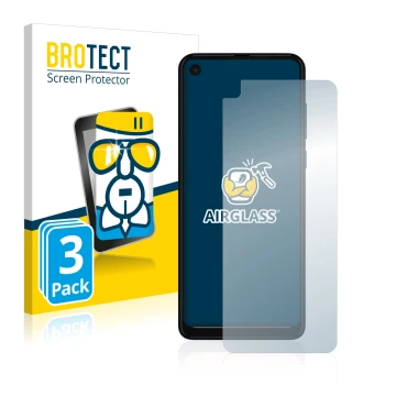 Front side of a product packaging with the brand logo BROTECT. Next to it is the device Motorola One Vision shown with the cor