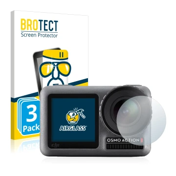 Front side of a product packaging with the brand logo BROTECT. Next to it is the device DJI Osmo Action (Lens) shown with the 