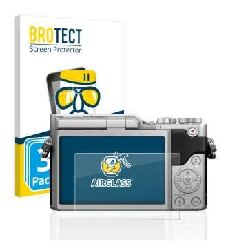 Front side of a product packaging with the brand logo BROTECT. Next to it is the device Panasonic Lumix DC-GX880 shown with th