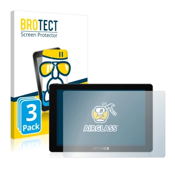 Front side of a product packaging with the brand logo BROTECT. Next to it is the device SmallHD 702 Touch shown with the corre