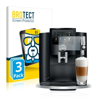 Front side of a product packaging with the brand logo BROTECT. Next to it is the device Jura S8 shown with the corresponding s