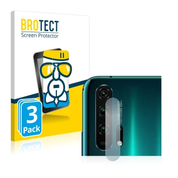 Front side of a product packaging with the brand logo BROTECT. Next to it is the device Honor 20 Pro (ONLY Camera Lens) shown 