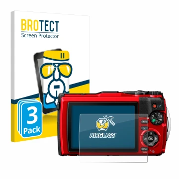 Front side of a product packaging with the brand logo BROTECT. Next to it is the device Olympus Tough TG-6 shown with the corr