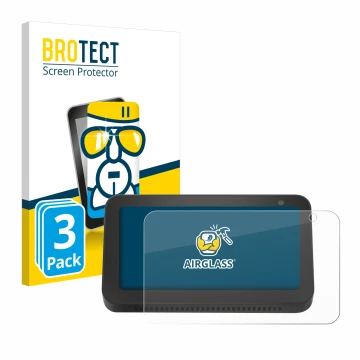 Front side of a product packaging with the brand logo BROTECT. Next to it is the device Amazon Echo Show 5 (2nd Gen.) shown wi