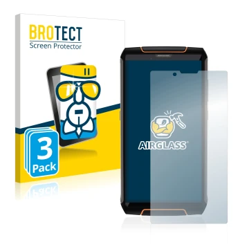 Front side of a product packaging with the brand logo BROTECT. Next to it is the device Cubot King Kong 3 shown with the corre