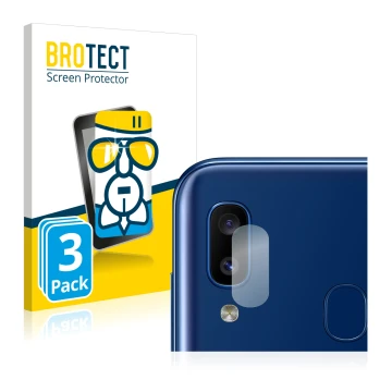 Front side of a product packaging with the brand logo BROTECT. Next to it is the device Samsung Galaxy A20e (ONLY Camera Lens)