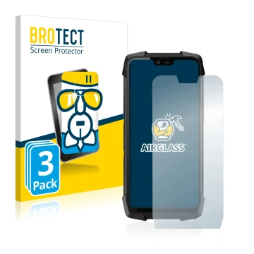 Front side of a product packaging with the brand logo BROTECT. Next to it is the device Blackview BV9700 Pro shown with the co