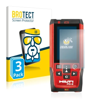 Front side of a product packaging with the brand logo BROTECT. Next to it is the device Hilti PD-E shown with the correspondin