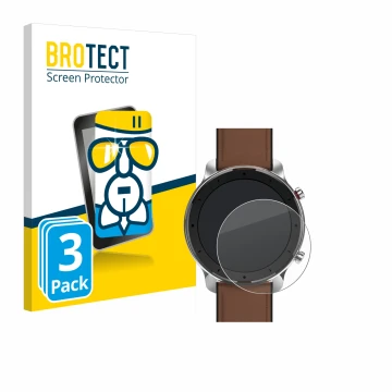 Front side of a product packaging with the brand logo BROTECT. Next to it is the device Huami Amazfit GTR (47 mm) shown with t