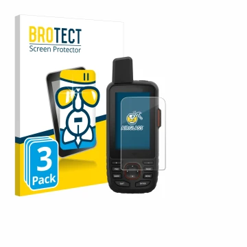 Front side of a product packaging with the brand logo BROTECT. Next to it is the device Garmin GPSMAP 66i shown with the corre