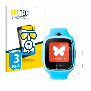 Front side of a product packaging with the brand logo BROTECT. Next to it is the device Xplora Go shown with the corresponding