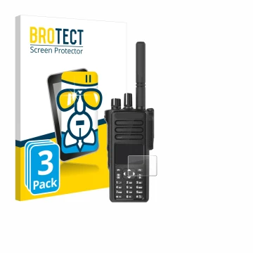 Front side of a product packaging with the brand logo BROTECT. Next to it is the device Motorola DP4801e shown with the corres