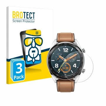 Front side of a product packaging with the brand logo BROTECT. Next to it is the device Huawei Watch GT Classic shown with the