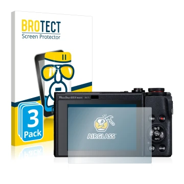 Front side of a product packaging with the brand logo BROTECT. Next to it is the device Canon PowerShot G5 X Mark II shown wit
