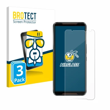 Front side of a product packaging with the brand logo BROTECT. Next to it is the device ASUS ROG Phone 2 shown with the corres