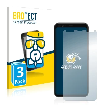 Front side of a product packaging with the brand logo BROTECT. Next to it is the device Google Pixel 4 shown with the correspo