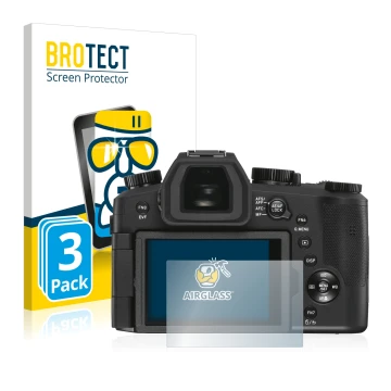 Front side of a product packaging with the brand logo BROTECT. Next to it is the device Leica V-LUX 5 shown with the correspon