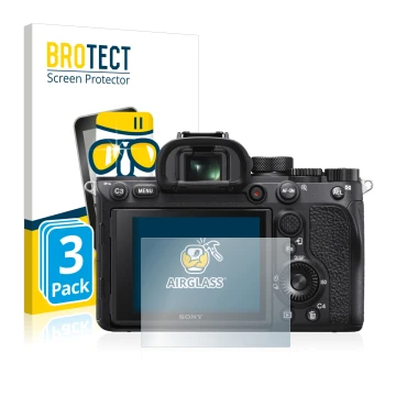 Front side of a product packaging with the brand logo BROTECT. Next to it is the device Sony Alpha 7R IV shown with the corres