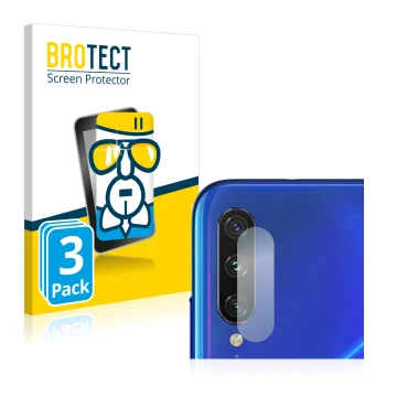 Front side of a product packaging with the brand logo BROTECT. Next to it is the device Xiaomi Mi A3 (ONLY Camera Lens) shown 