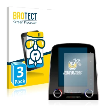 Front side of a product packaging with the brand logo BROTECT. Next to it is the device Renault Scenic R-Link 2 8.7