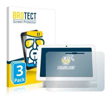 Front side of a product packaging with the brand logo BROTECT. Next to it is the device Google Nest Hub Max shown with the cor