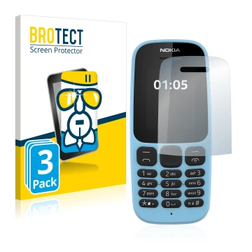 Front side of a product packaging with the brand logo BROTECT. Next to it is the device Nokia 105 2019 shown with the correspo