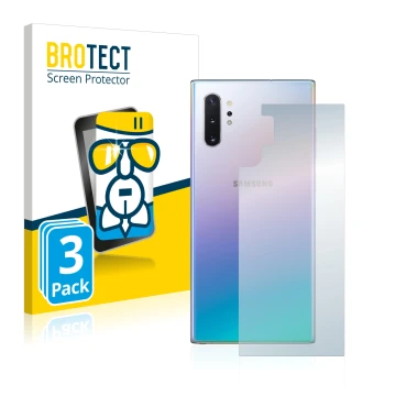 Front side of a product packaging with the brand logo BROTECT. Next to it is the device Samsung Galaxy Note 10 Plus (Back) sho