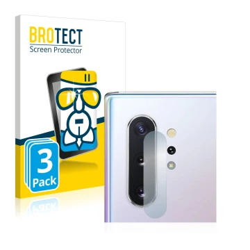 Front side of a product packaging with the brand logo BROTECT. Next to it is the device Samsung Galaxy Note 10 Plus (ONLY Came