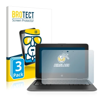 Front side of a product packaging with the brand logo BROTECT. Next to it is the device HP ProBook x360 11 G3 shown with the c