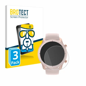 Front side of a product packaging with the brand logo BROTECT. Next to it is the device Huami Amazfit GTR (42 mm) shown with t