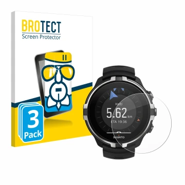 Front side of a product packaging with the brand logo BROTECT. Next to it is the device Suunto Spartan Sport Wrist HR Baro Ste